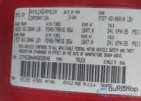 2004 Dodge Dakota Sport/Sxt from USA, damaged, VIN 1D7HG38N04S658546